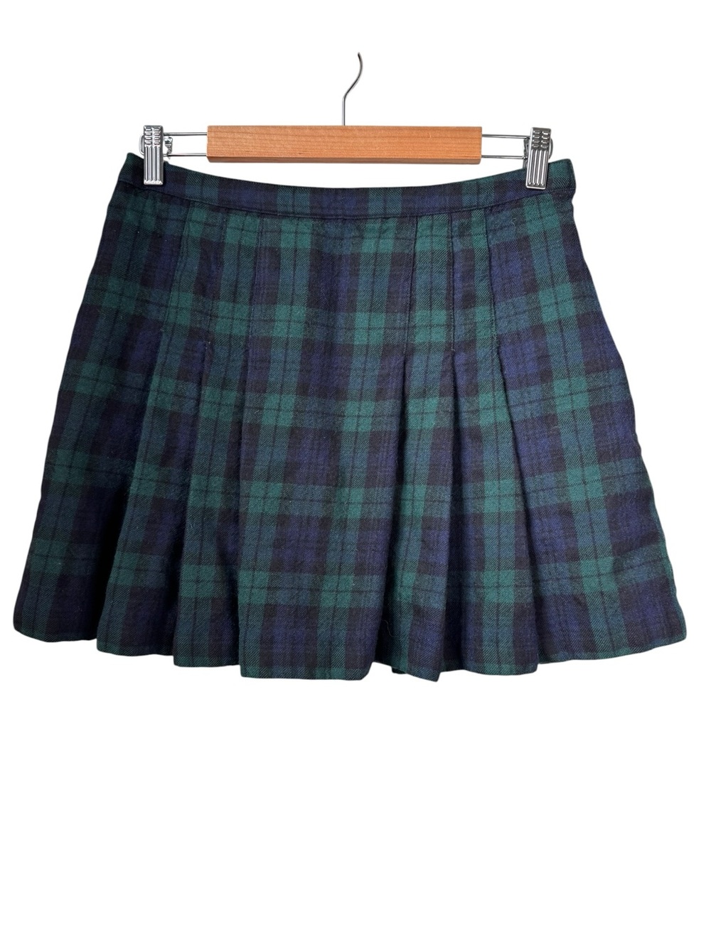 J Crew Vintage Y2K 100% Wool Plaid Mini Skirt Size 8 Blackwatch Green Blue Kilt